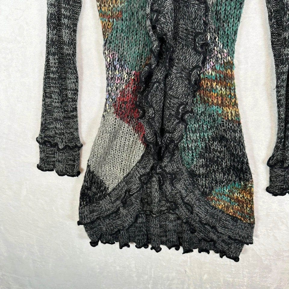 Vintage Sioni Cardigan Womens Petite M Gray Multi Ruffle Knit Artsy Long 90s - Image 3 of 4