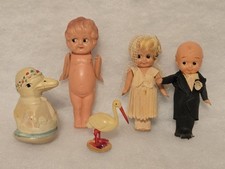 5 Vintage CELLULOID Figurine LOT Kewpie Doll Bride And Groom Goose Rattle Stork