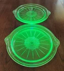 2 Vintage Green Uranium Depression Glass Tendrils Handled Cake Plate 10"