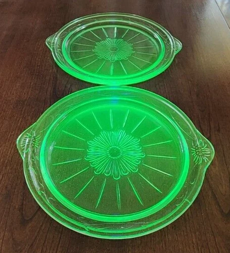 2 Vintage Green Uranium Depression Glass Tendrils Handled Cake Plate 10"