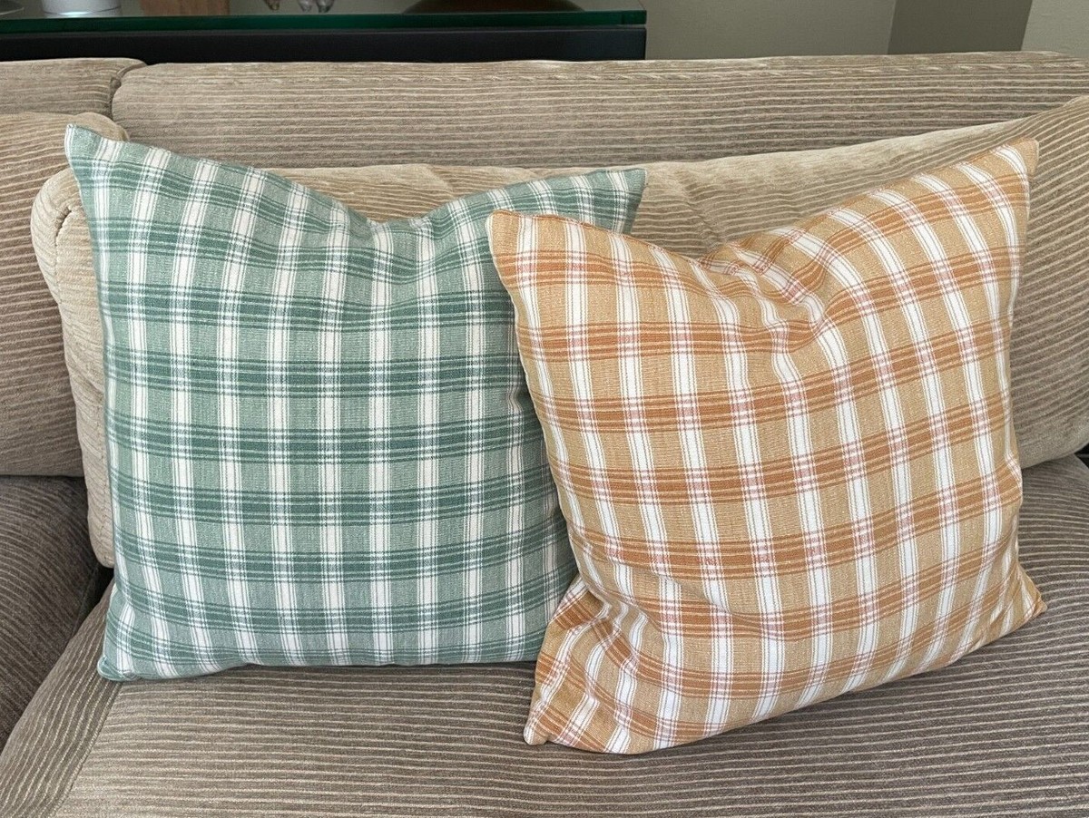 Crate Barrel Pillow Covers 17 X 17 Cotton Check Plaid Green Gold Cottage