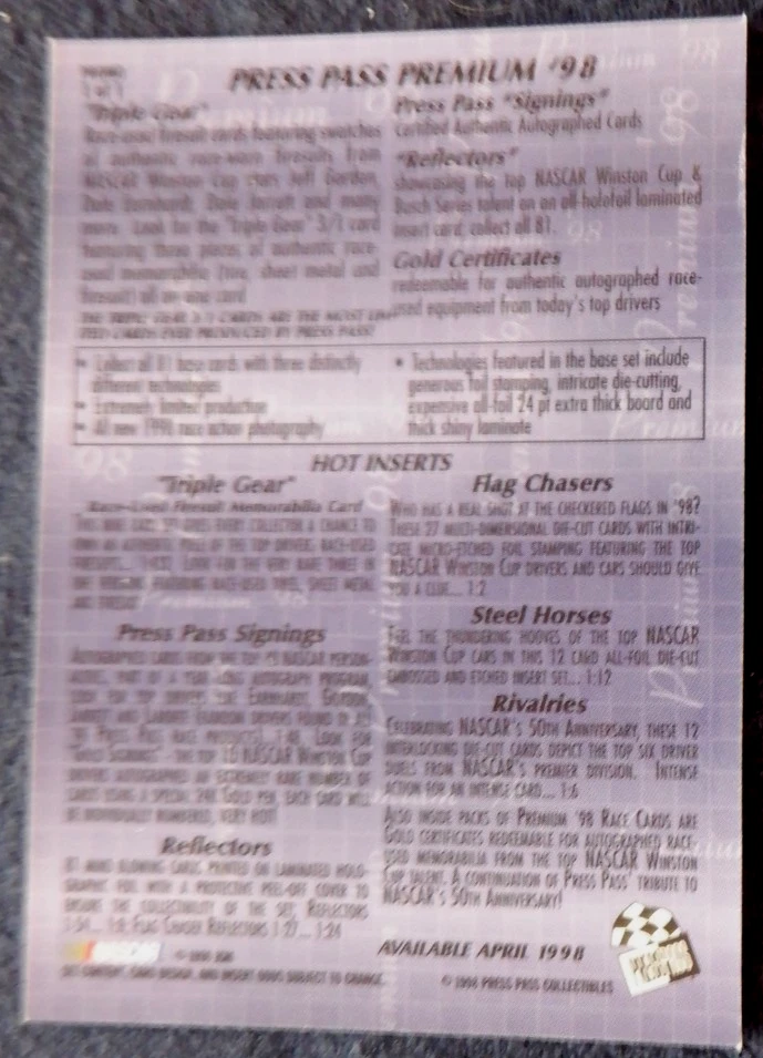 Jeff Gordon promo card 1 Nascar, 1998 Press Pass Premium - Image 2 of 2