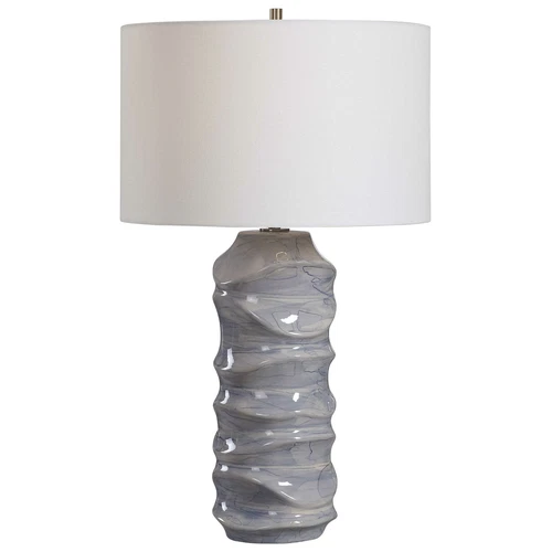 Luxe Blue White Waves Sculpted Ceramic Table Lamp Wavy Cobalt Drip Glaze Coastal - Picture 1 of 8