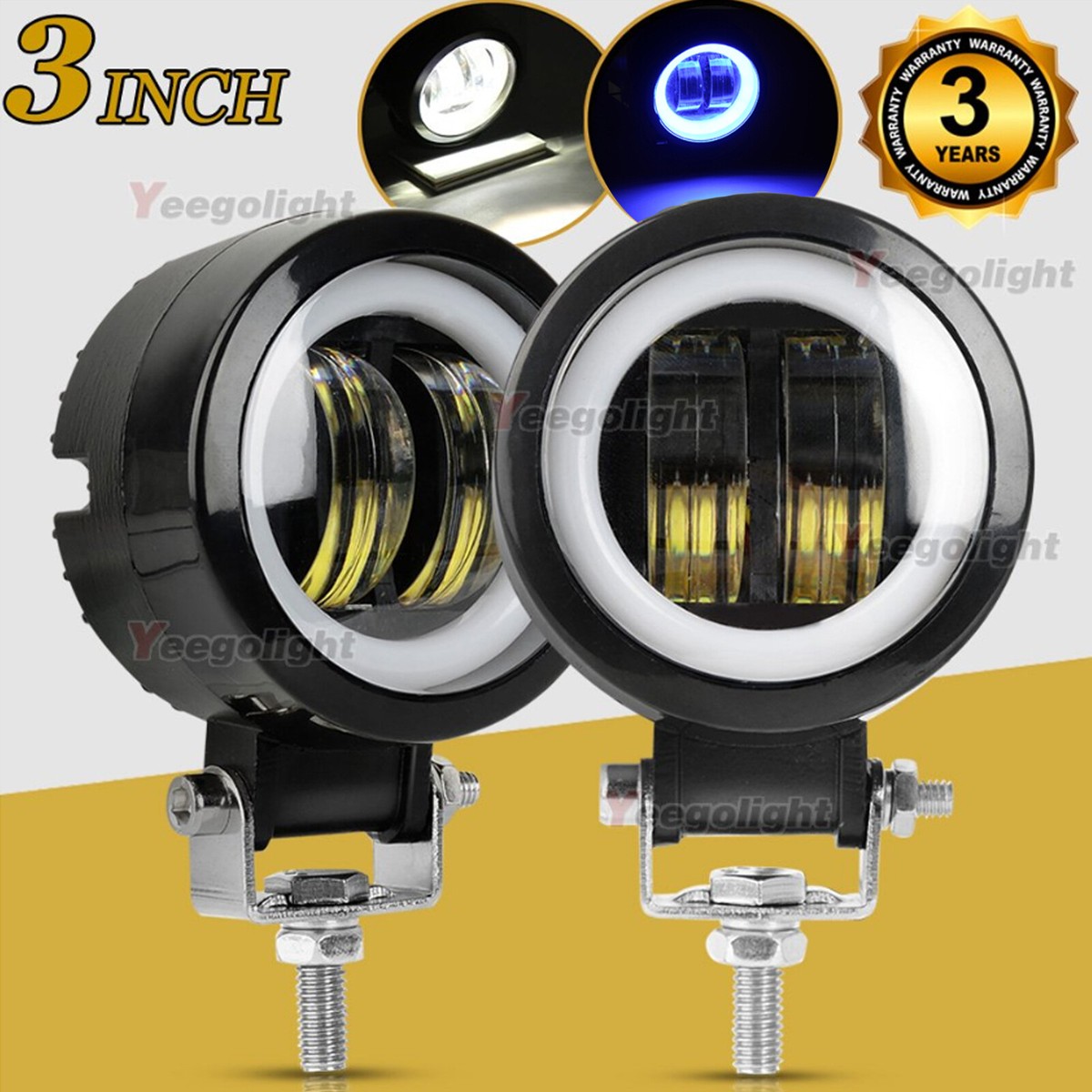 2x 3-Inch LED Work Light Pods With White Halo DRL - Offroad Fog Spot Lights