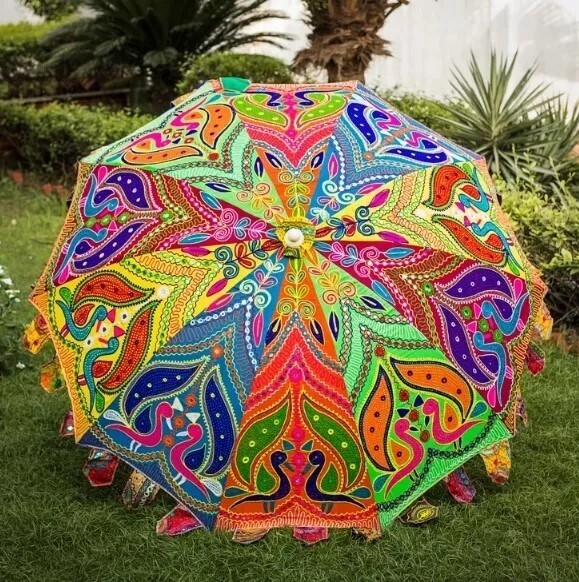 4 PIECE Indian Peacock Garden Umbrella Handmade Embroidered Patio Parasol 72
