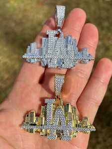 Authentic HipHop Los Angeles LA Skyline Pendant Iced CZ Real 925 Silver Gold Plated