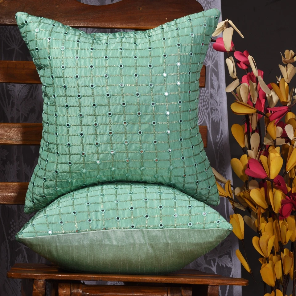 Throw pillows for couch living room green cushion covers embroidered pillows 2pc - Image 3 of 4