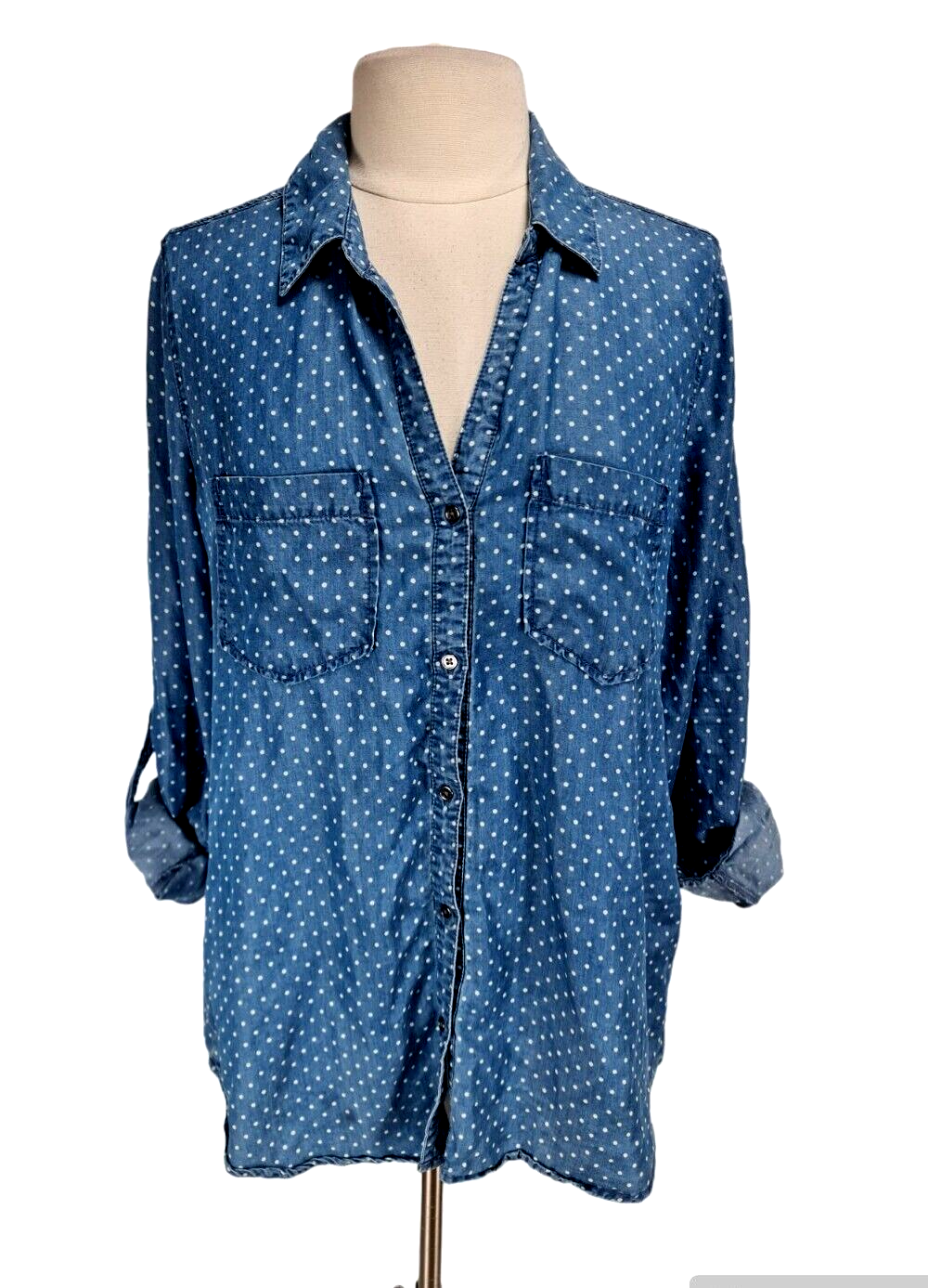 TINSEL Womens Button Up Chambray Polka Dot Top Size L Blue Long Sleeve  209P
