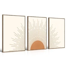 Gisipameis Boho Minimalist Wall Art Set of 3 Framed Canvas Prints with Sun Ri...