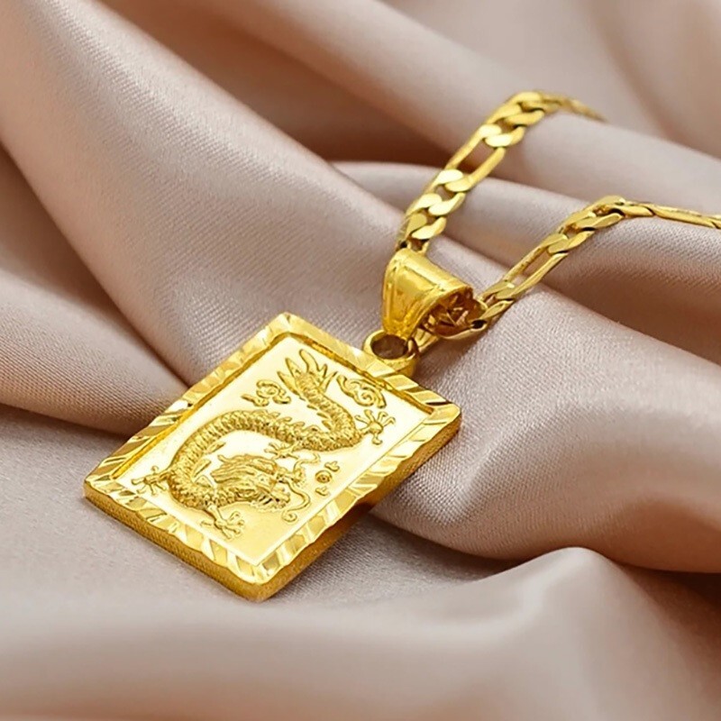 24k Gold Chain Dragon Pendant Necklace Gold 24k Gold Filled Over