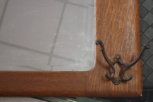 Vintage 1900's Solid Quartersawn Tiger Oak Beveled Mirror w/ Hooks 27.5" x 17" - Bild 2 von 18