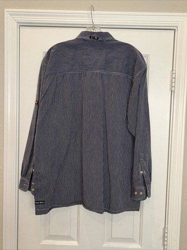 VINTAGE Bugle Boy Shirt Men Large Blue 77 Button Down Pockets Striped Logo - Picture 4 of 6