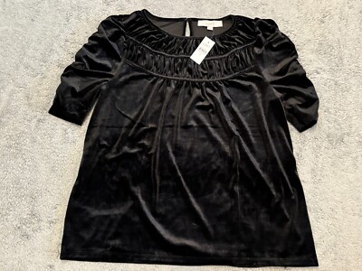 NWT Loft Gathered Pleat Detail Velvet Top Womens Medium Black Soft Satin