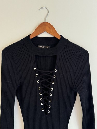 Almost Famous Black Ribbed Open Cheat Long sleeve Dress Size L - Picture 7 of 8