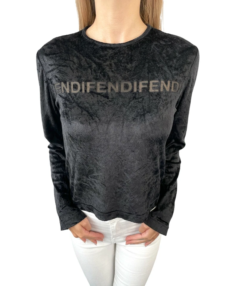 Sudadera FENDI Vintage Logo Terciopelo #42 Top Malla Cremallera Viscosa Negra RankAB+ Foto 3 de 4