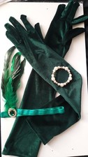 Luxury Dark Green Velveteen Over Elbow Gloves & Headband Gatsby 1920s Jazz Party