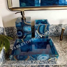 Blue Agate Bathroom Set Luxury Gemstone Accessories Handmade Stone Bath Deco