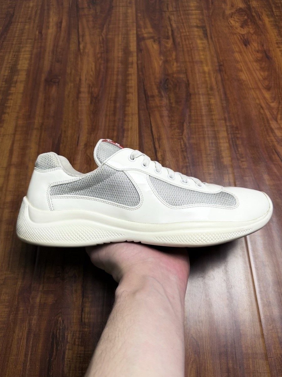 Prada American Cup Patent Leather White Grey Mens Mesh Sneakers