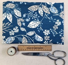 UPHOLSTERY FABRIC REMNANT- Robin Birds & leaves on Navy Blue Material -1m Length