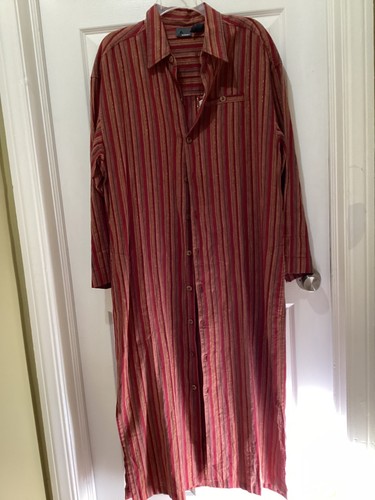 Vtg 80s 90s Liz Claiborne Red & Gold Striped Shirt Dress Duster Linen Blend~L