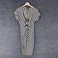 Haute Monde Dress Women S Gray Striped Shift Midi Short Sleeve Crew Neck 