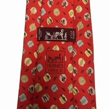 Hermes Men's Tie Geometric Abstract Art Red Khaki Silk 7977 EA 3.5" x 59" euc
