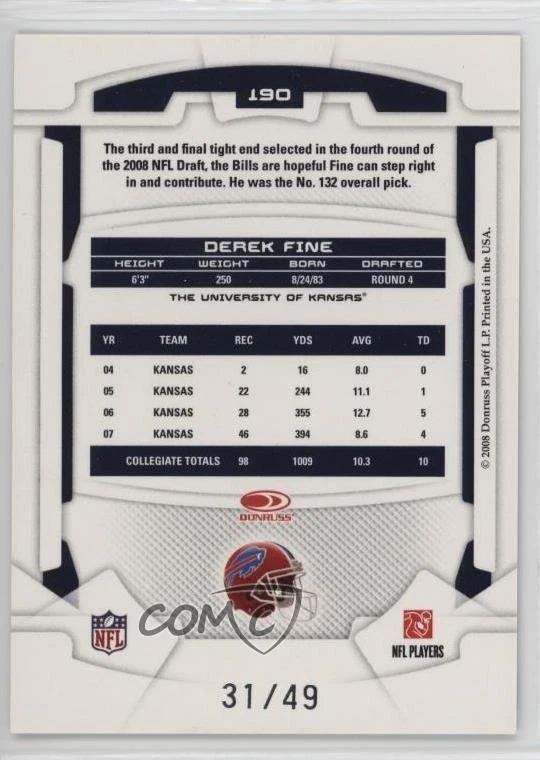 2008 Leaf Rookies & Stars Longevity Rookie Emerald /49 Derek Fine #190 RC - Image 2 of 2