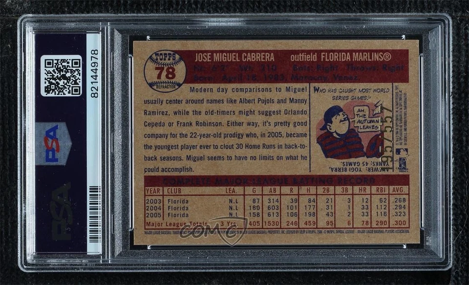 2006 Topps Heritage Chrome Refractor /557 Miguel Cabrera #78 PSA 9 MINT - Image 2 of 2