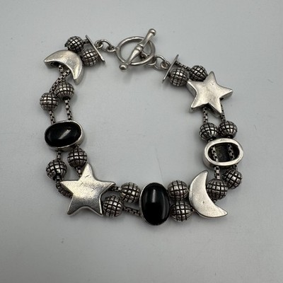 Wunderschöne Sterlingsilber Mond Stern & schwarzer Onyx Kette Größe 6,5'' Armband 31 g