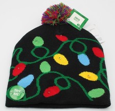 Light Up Flashing Beanie Unisex 1 Size Black Holiday Pom Knit String Lights NEW
