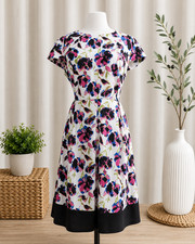 Liz Claiborne Womens Dress Size 14 White Floral Fit Flare Career Wedding Guest
