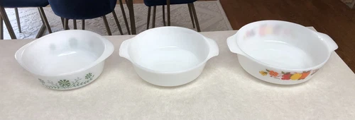 3 Vintage Glasbake Fire King Anchor Hocking Hildi Casserole Dishes Milk Glass
