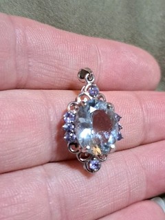 Solid 14K White Gold Natural Genuine Aquamarine & Tanzanites Oval Pendant