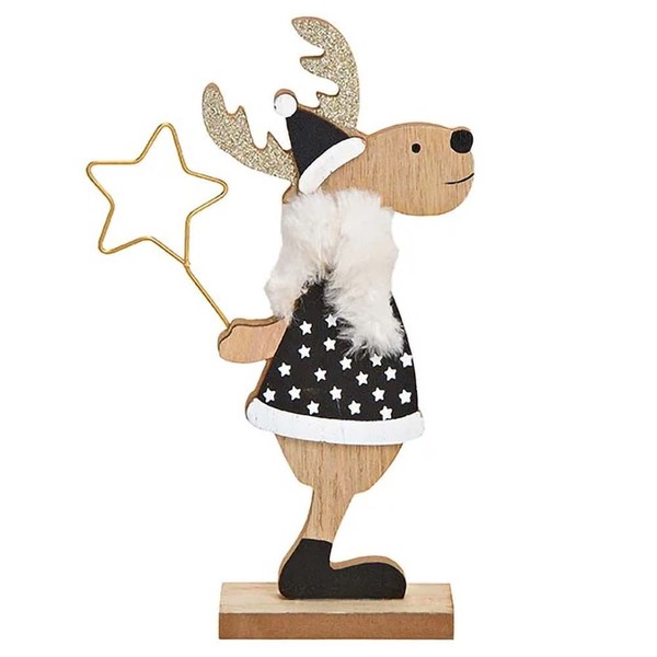 Aufsteller Elch Mit Metallstern Dekofigur Rentier Weihnachten Schwarz Weiß Holz-image