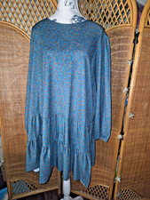 ZARA Tiered Smock Dress – Blue Floral Print – Long Sleeve - UK 14-16