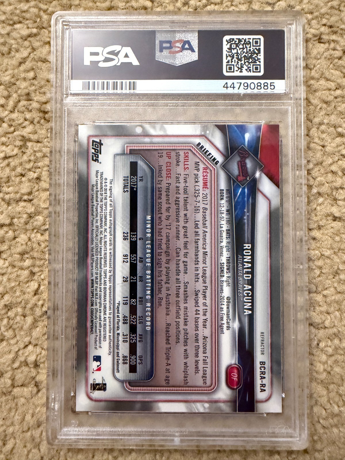2018 Bowman Chrome Ronald Acuna Jr. (RC) Rookie Auto Refractor /499 PSA 10 view 2