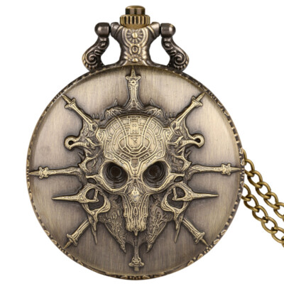 Bronze Carved Skull Design Antique Quartz Pocket Watch for