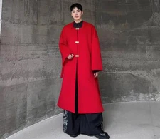 Men's Fashion Winter Square Collar Long Sleeve Loose Metal Button Wool Overcoat