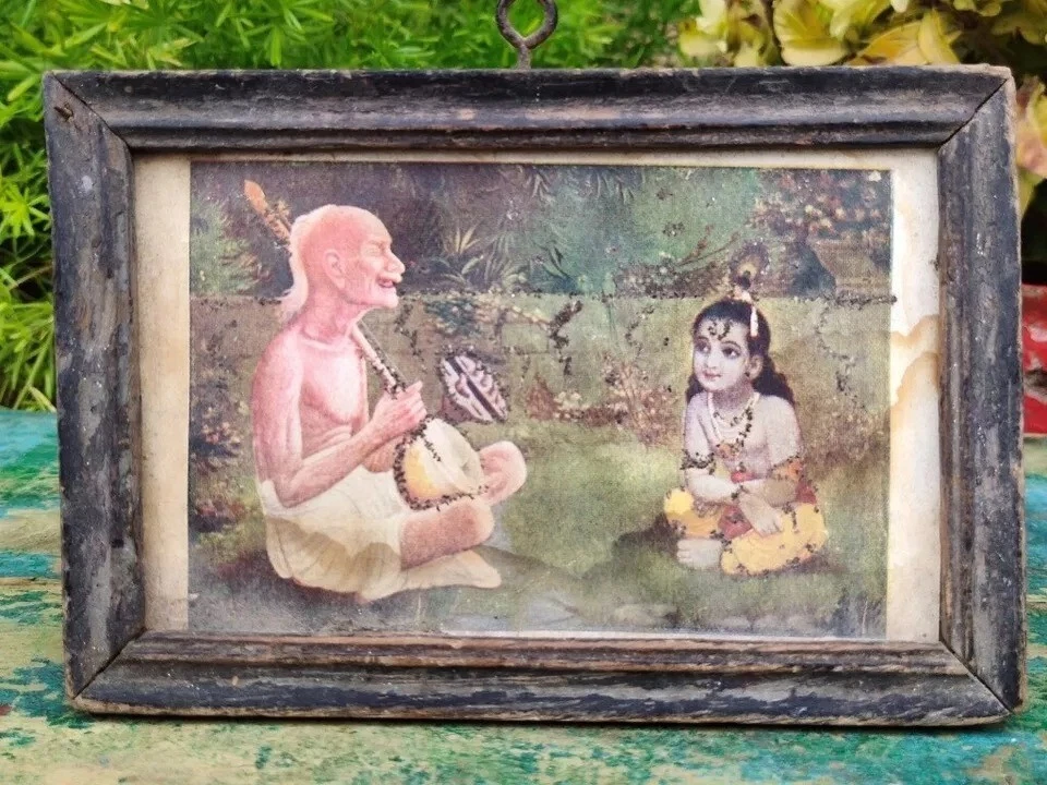 Decoración de pared en miniatura con marco de vidrio Surdas Mahakavi Vatsalya y el Señor Krishna Foto 2 de 4