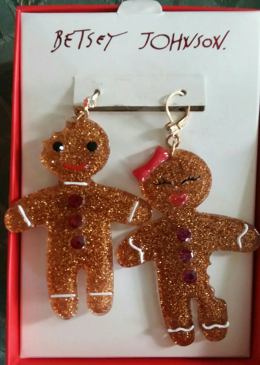Betsey Johnson Boy Girl Gingerbread Christmas Earrings NEW