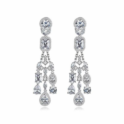Shiny Silver Rhodium Plated Sparkling Cz Cer Statement Chandelier Earrings Shiny Silver Rhodium Plated Sparkling, Rhodium Chandelier Cubic Zirconia Earrings