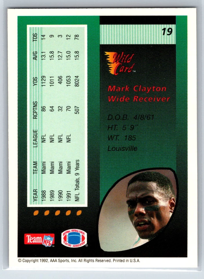1992 Wild Card Mark Clayton 50 Stripe Parallel Miami Dolphins #19 - Image 2 of 2