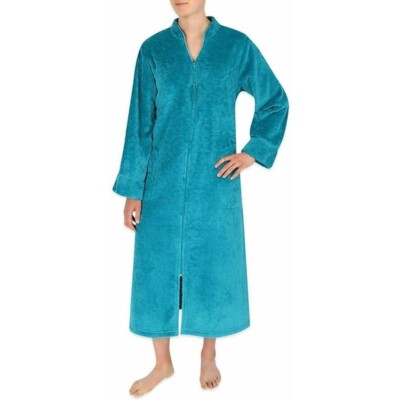 Miss Elaine Women's Jacquard Cuddle Fleece Long Zipper Robe Teal XL
