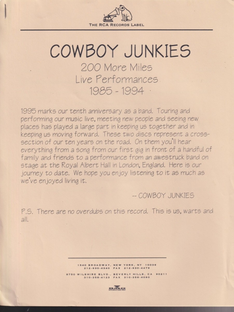 cowboys junkies 200 more miles live performances 1985-1994 press