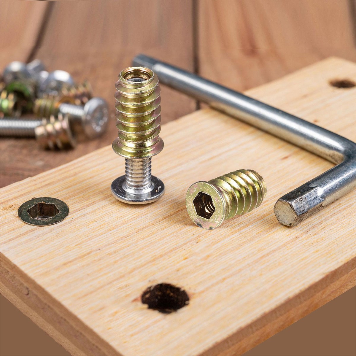 M METERXITY 15-Pack Threaded Inserts For Wood – 3/8-16 X 25mm, Hex Drive, With Wrench, Gold Tone