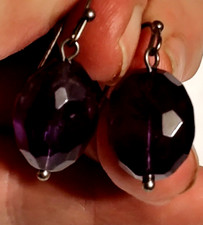 Pierced Earrings Teardrop Shape Faceted Purple Amethyst Hooks Dangle Silver Tone