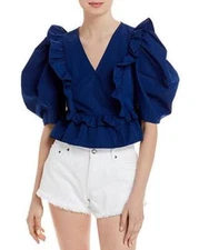 AQUA Top Blue Hummingbird Ruffled Wrap Blouse Women Sz S NEW NWT BL5