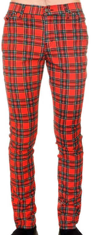 MENS NEW indie retro mod punk 60's/80's style red tartan skinny jeans