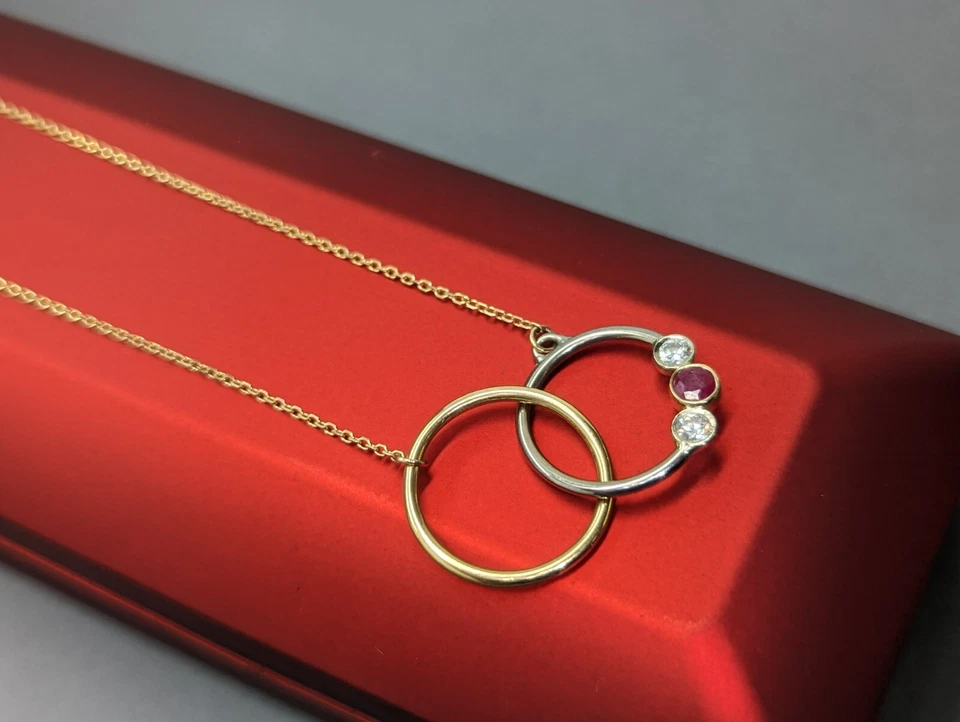 Custom 14K Gold Double Rings Necklace With Diamond & Ruby Or Birthstones - Image 3 of 4
