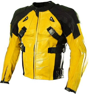 Deadpool Motorcycle Yellow Black Racing Cowhide Leather Biker Jacket Safety Pads